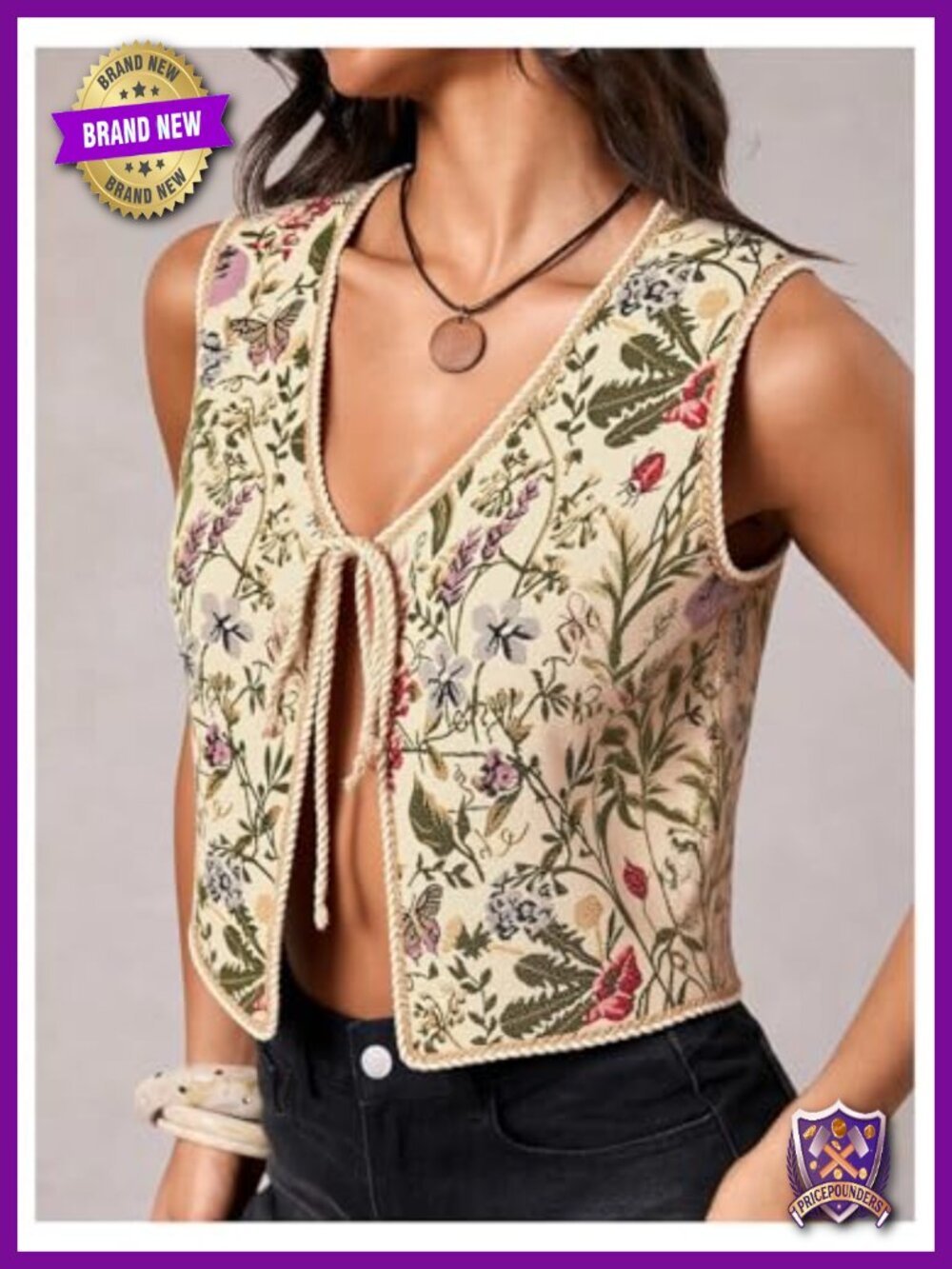 Embroidered Tie Front Vest Top Sleeveless V Neck Cropped Western Concert - Picture 3 of 6